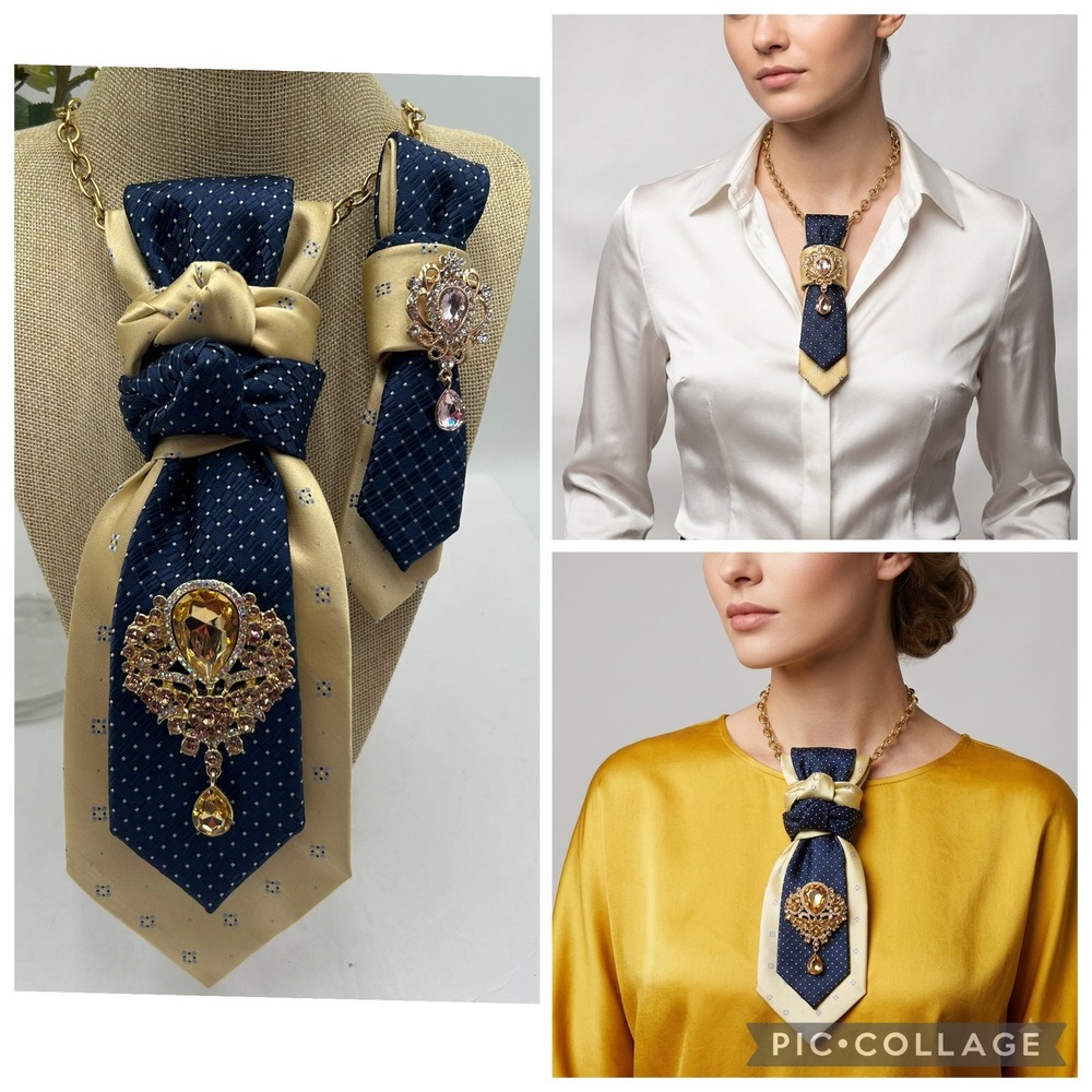Upcycled Silk Tie Statement Necklace & Lapel Pin Set Navy Gold Izod Perry Ellis - Picture 2 of 10